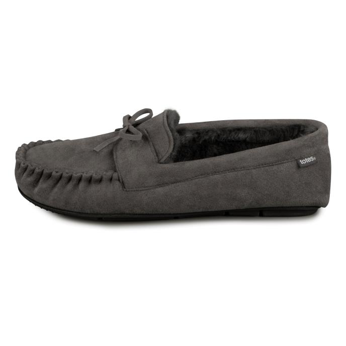 totes toasties&#174; Mens Suedette Moccasin Slippers With Faux Fur Lining Grey