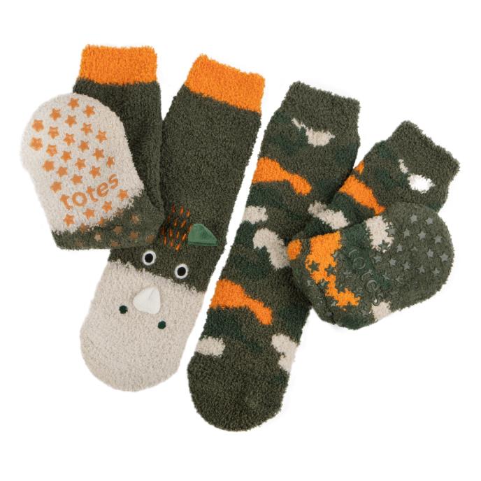 totes toasties&#174; Boys Super Soft Slipper Socks (Twin Pack) Dino / Camo