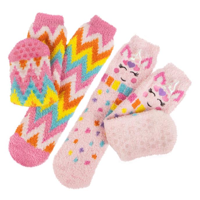 totes toasties&#174; Girls Super Soft Slipper Socks (Twin Pack) Unicorn / Zig Zag