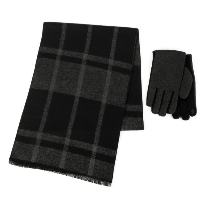 totes toasties&#174; Mens Wool Blend Check Scarf &amp; Thermal Lined Gloves Gift Set Black