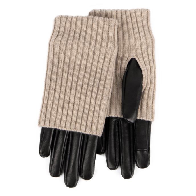 Isotoner Ladies Smartouch Leather Glove With Overlay Knit Trim Black