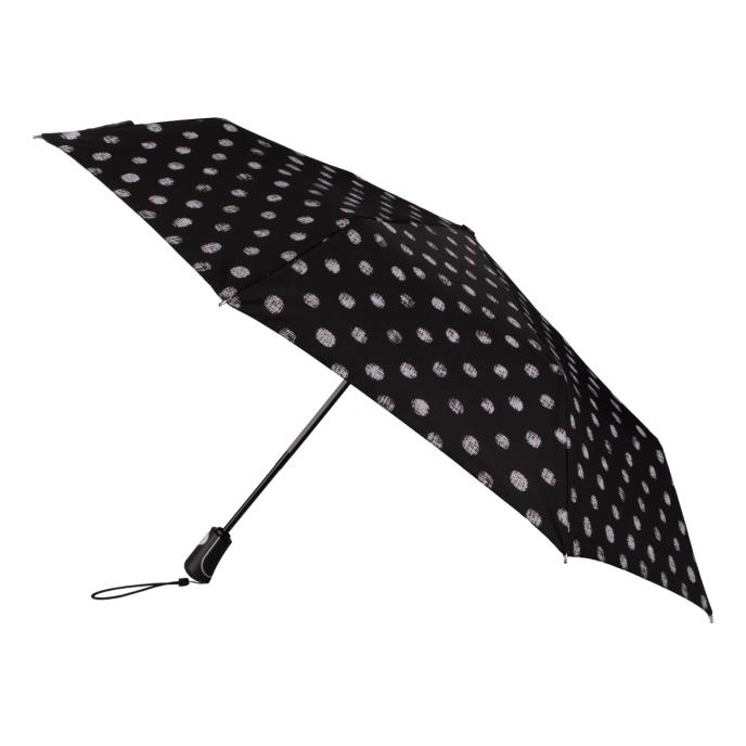 totes ECO BRELLA X TRA STRONG Auto Open Close B W Stitched Dots Print Umbrella 3 Section totes ISOTONER