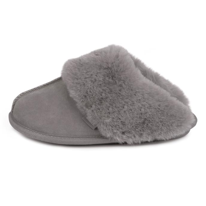 Isotoner&#174; Ladies Real Suede Mule with Fur Cuff Grey