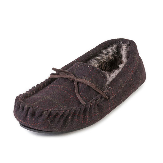 totes Mens Fur Lined Check Moccasin 