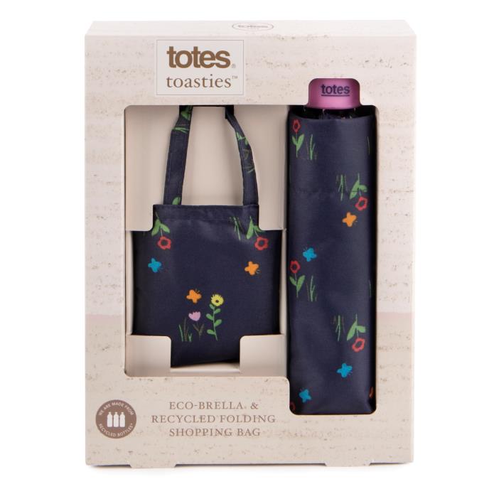 totes ECO BRELLA Matching Bag in Bag Umbrella Shopper Navy Fowers 3 Section totes ISOTONER