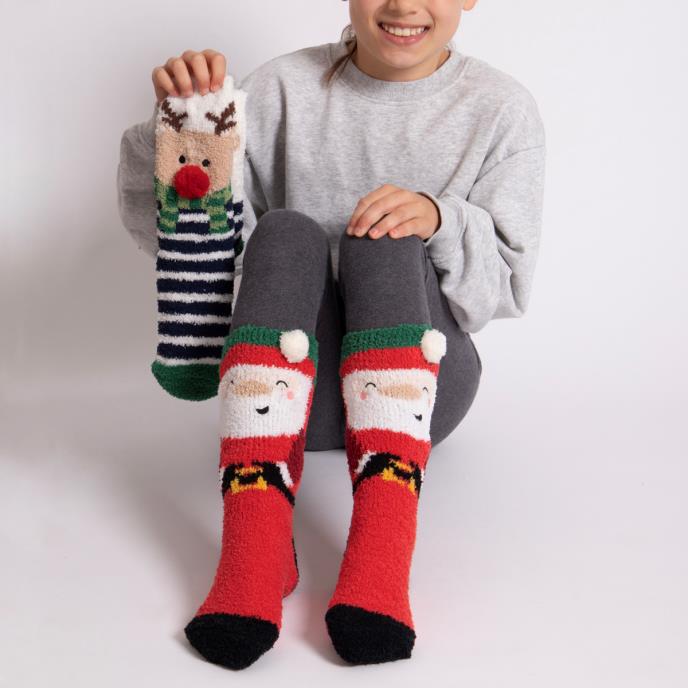 totes toasties® Childrens Super Soft Slipper Socks (Twin Pack) Reindeer / Santa