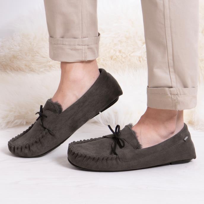 totes toasties® Mens Suedette Moccasin Slippers With Faux Fur Lining Grey