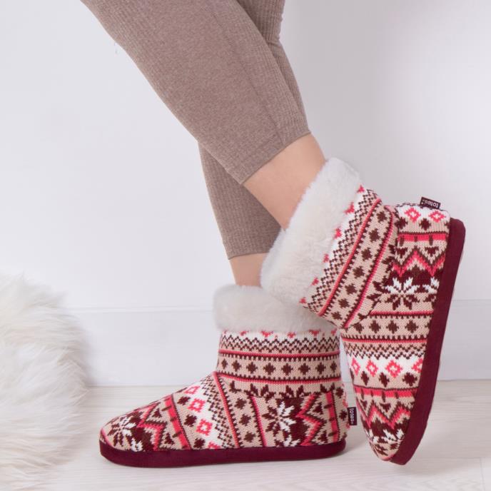 totes toasties® Ladies Fair Isle Knit Boot Slippers With Faux Fur Cuff Fairisle