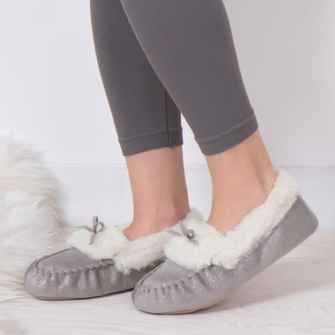 Grey moccasin slippers womens online