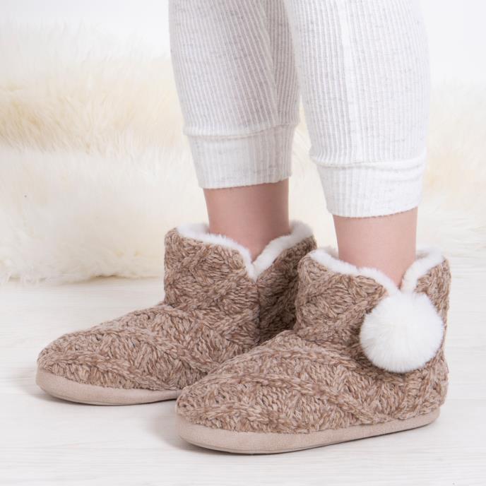 totes toasties® Ladies Cable Knit Boot Slippers With Pom Pom Brown