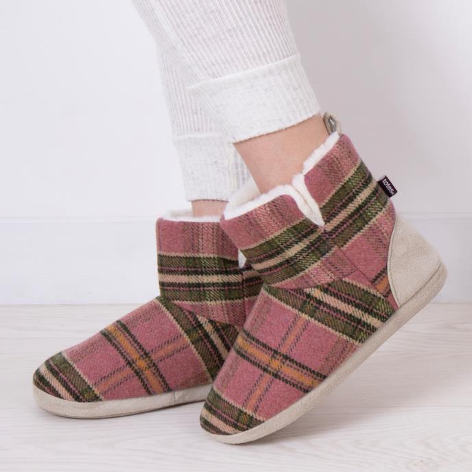 totes toasties® Ladies Tartan Check Boot Slippers Pink