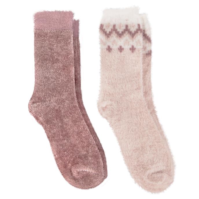 totes toasties® Ladies Fair Isle & Chenille Supersoft Bed Socks (Twin Pack) Fairisle / Dusky Pink