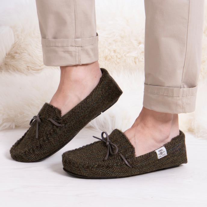 totes toasties® Mens Woven Wool Mix Moccasin Slippers Brown