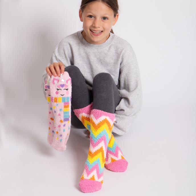 totes toasties® Girls Super Soft Slipper Socks (Twin Pack) Unicorn / Zig Zag