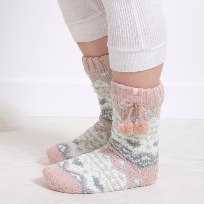 totes toasties® Ladies Fair Isle Chenille Slipper Socks Pink Fairisle