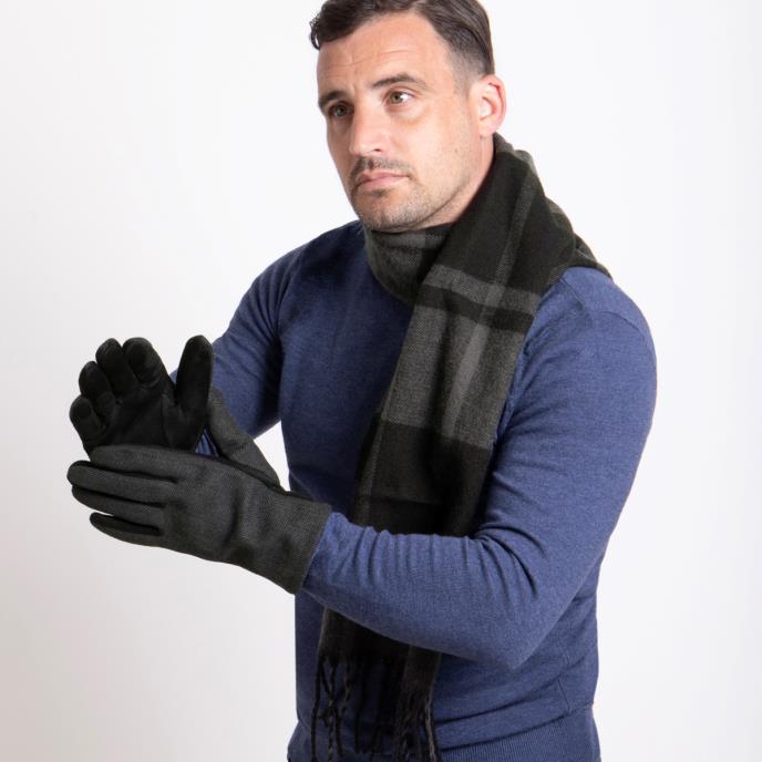 totes toasties® Mens Wool Blend Check Scarf & Thermal Lined Gloves Gift Set Black