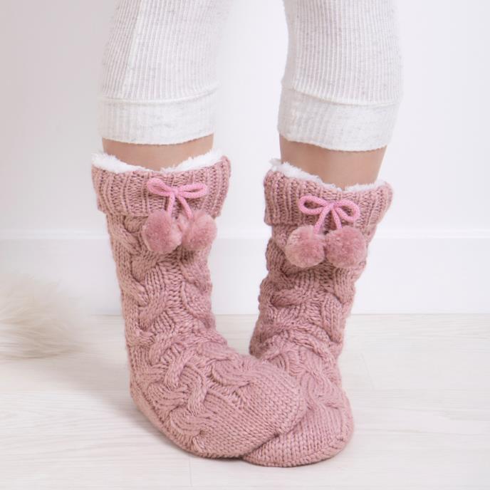 totes toasties® Ladies Luxury Chunky Knit Slipper-Sox With Pom Dusky Pink