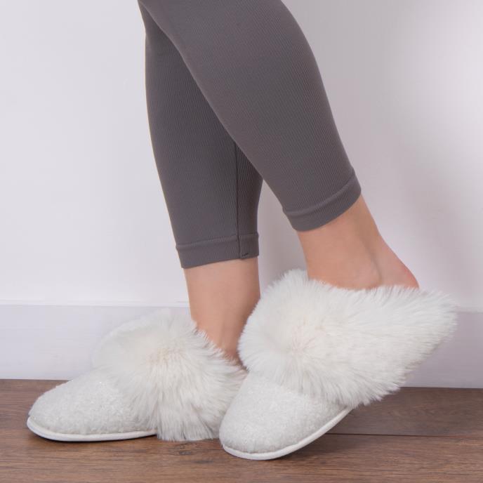 totes toasties® Ladies Textured Sparkle Faux Fur Mule Slippers Cream