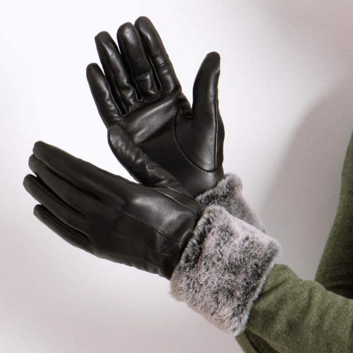 Isotoner® Ladies Leather Glove With Faux Fur Cuff Black