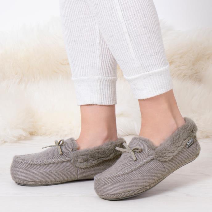 Isotoner® Ladies Herringbone Moccasin Slipper With Fur Cuff Grey