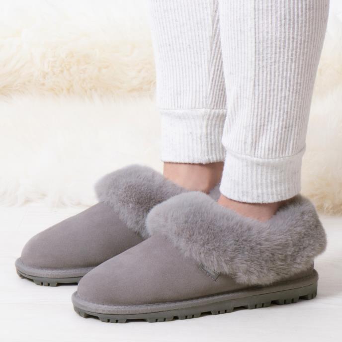 Isotoner® Ladies Genuine Suede Bootie With Fur Cuff & Lining Grey